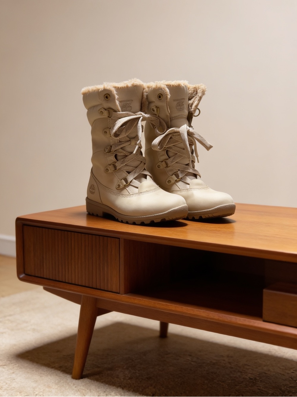 Timberland Unisex Beige Leather Waterproof Faux Fur Lace-Up Mid-Calf Boots 7.5